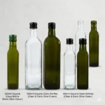 * 250ml Olive Oil Bottle: 250ml Square Glass Olive Oil Bottle with Black Screw Cap - Jarsify green and transparent * 500ml Olive Oil Bottle: 500ml Marasca Square Glass Bottle for Olive Oil and Cooking Oil - Jarsify * 1 Litre Olive Oil Bottle: 1 Litre Tall Square Glass Bottle for Bulk Olive Oil Storage - Jarsify