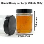 Premium 150ml round glass jar with airtight black lid. Sleek 3” x 2.5” design, ideal for honey, preserves, and DIY candle making. Shop quality jars at Jarsify.
