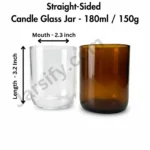 A high-quality comparison shot of two empty, straight-sided candle glass jars—one transparent clear and one deep amber. The image features professional dimension markings showing the mouth width and total length against a pure white background.