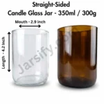 A high-quality comparison shot of two empty, straight-sided candle glass jars—one transparent clear and one deep amber. The image features professional dimension markings showing the mouth width and total length against a pure white background jarsify