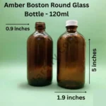 Amber Boston round glass bottle 120ml with screw cap, small pharmaceutical container for liquids and oils
