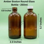 Amber Boston round glass bottle 250ml with cap, medium size storage bottle for pharmaceuticals and liquids