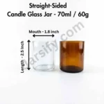 A high-quality comparison shot of two empty, straight-sided candle glass jars—one transparent clear and one deep amber. The image features professional dimension markings showing the mouth width and total length against a pure white background jarsify candle jar all size