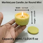 A close-up view of a person holding a small, solid yellow and multiple color and custom color matte-finish round concrete or stone candle jar, next to its separate flat circular lid. Text overlays show a height of 1.5 inches and width of 2.3 inches.